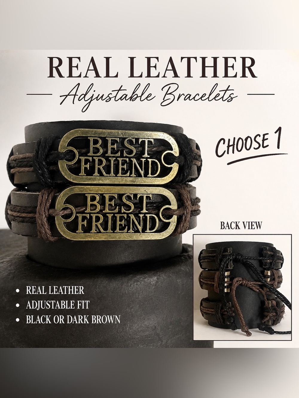 Real Leather Best Friend Metal Tag Bracelet in Black or Dark Brown- Choose 1